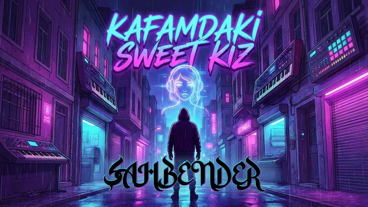 Kafamdaki Sweet Kız afişi: yağmurlu neon sokak, ortada kapüşonlu siluet, altta Şahbender
