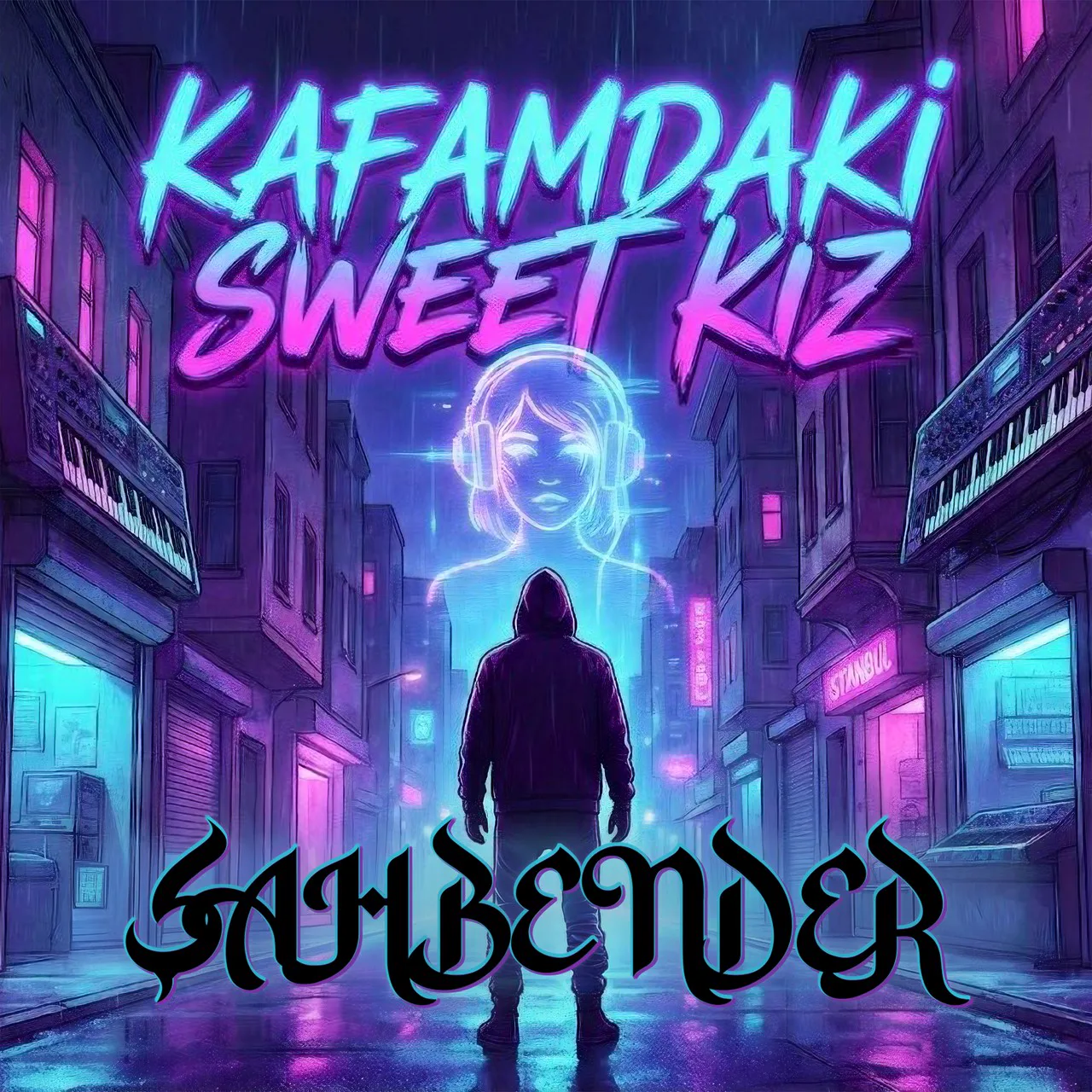 Kafamdaki Sweet Kız kapağı: neon bir sokakta kapüşonlu siluet, arkasında kulaklıklı neon kız çizimi, altta Şahbender yazısı