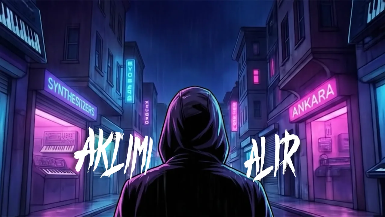 Klipten kare: AKLIMI ALIR yazısı, kapüşonlu siluet