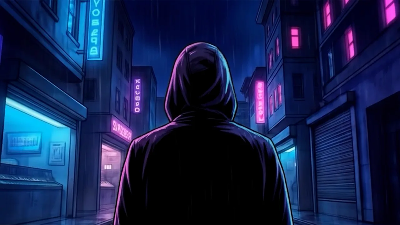 Kapüşonlu siluet sırtı dönük, ıslak neon sokak