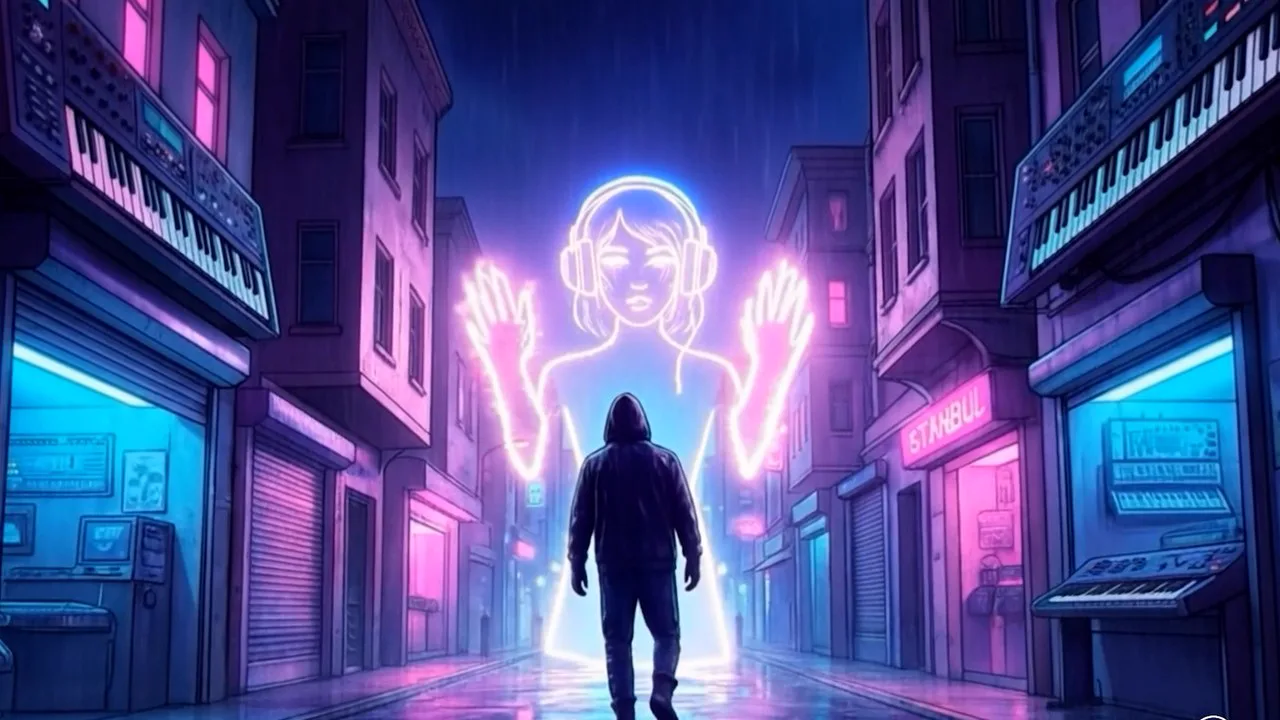 Neon kulaklıklı hayalet siluet ve yürüyen figür